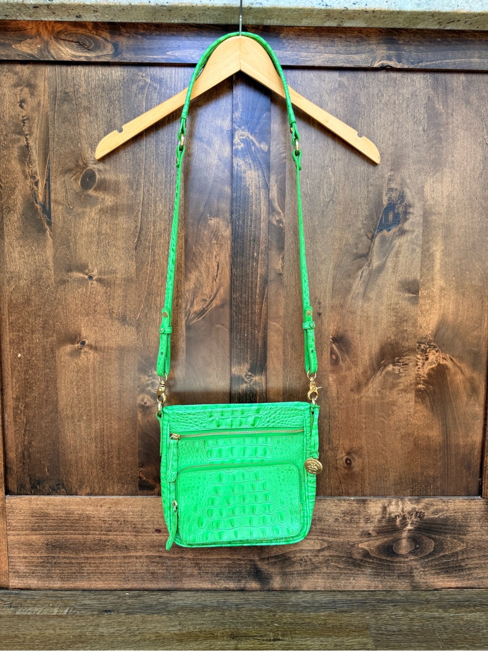 Brahmin| Lime Green Croc Embossed Leather| Organizer Crossbody Bag